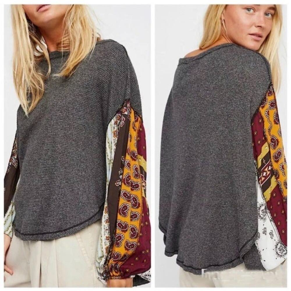 Free People We The Free Blossom Gray Thermal Top Patchwork Balloon Slv Sz M Boho - Picture 4 of 16